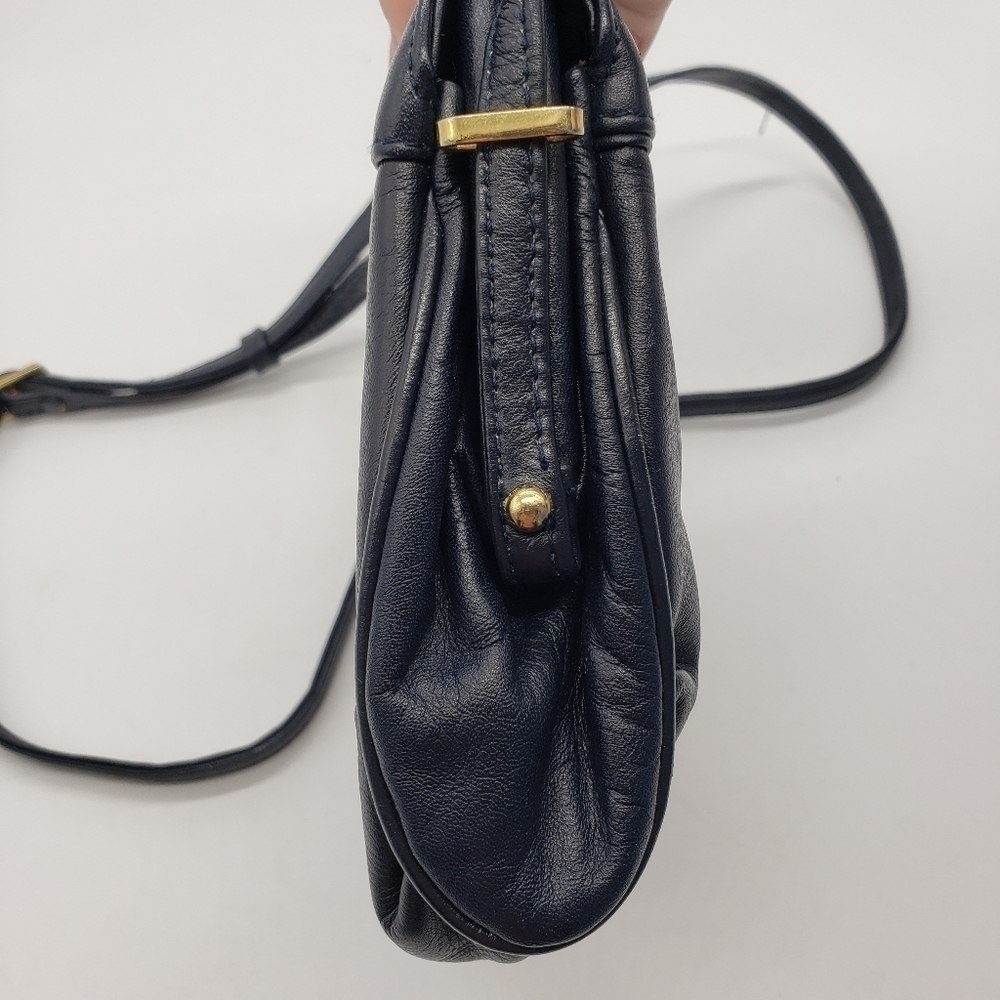 VINTAGE women dark navy blue bag crossbody soft leather 3 compartments lined - Picture 6 of 14